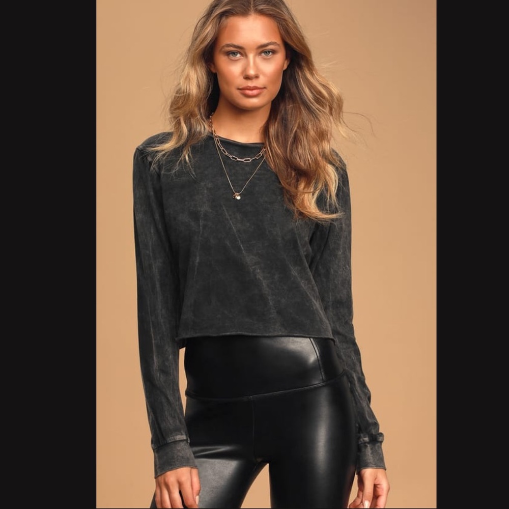 Call The Shots Washed Black Long Sleeve Crop Tee